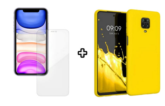 Set Husa Silicon plus Folie din silicon Case Friendly compatibila cu Xiaomi Redmi Note 9s, galbena, protectie 360