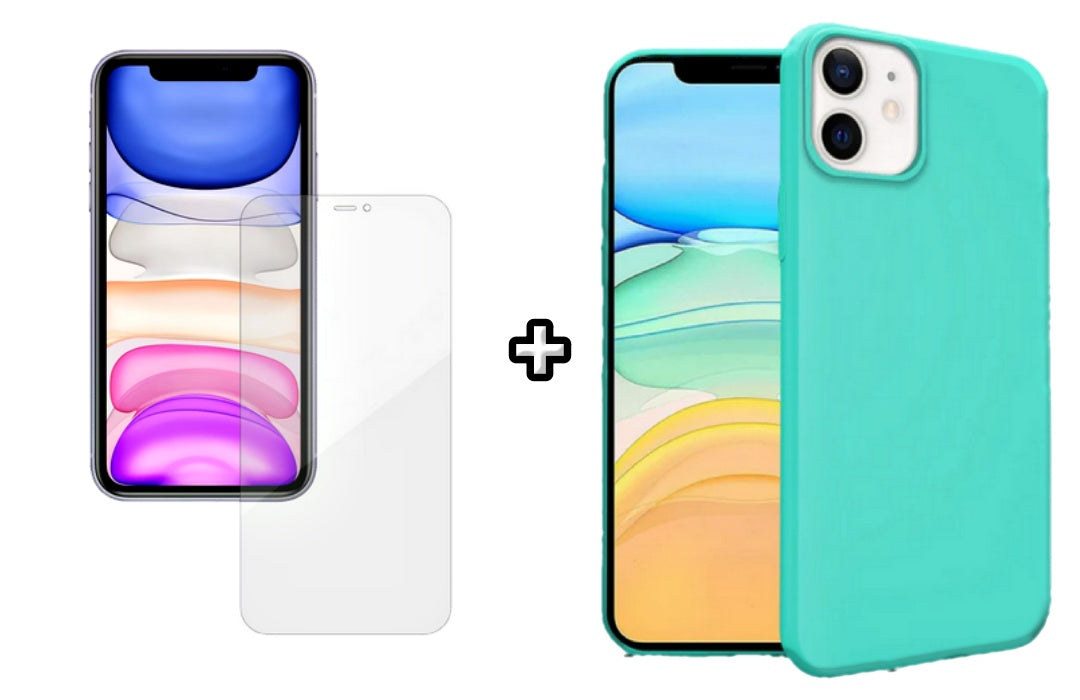 Set Husa Silicon + Folie din silicon Case Friendly compatibila cu Apple iPhone 11, menta, protectie 360