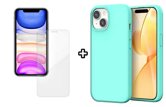 Set Husa Silicon + Folie din silicon Case Friendly compatibila cu Apple iPhone 15 Plus, menta, protectie 360