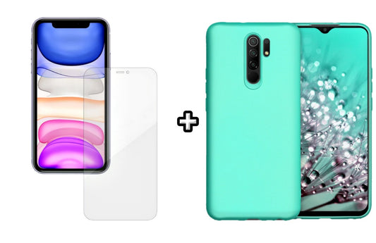 Set Husa Silicon plus Folie din silicon Case Friendly compatibila cu Xiaomi Redmi 9, menta, protectie 360