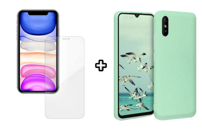 Set Husa Silicon plus Folie din silicon Case Friendly compatibila cu Xiaomi Redmi 9A, menta, protectie 360