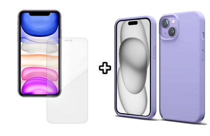 Set Husa Silicon + Folie din silicon Case Friendly compatibila cu Apple iPhone 15, mov, protectie 360