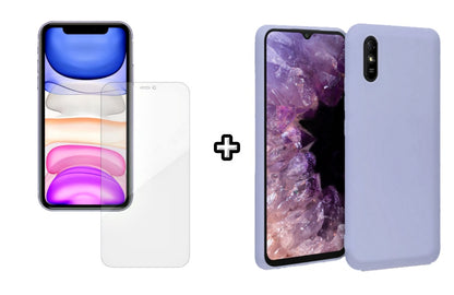 Set Husa Silicon plus Folie din silicon Case Friendly compatibila cu Xiaomi Redmi 9A, mov, protectie 360