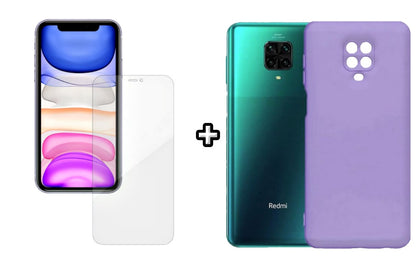 Set Husa Silicon plus Folie din silicon Case Friendly compatibila cu Xiaomi Redmi Note 9 Pro, mov, protectie 360
