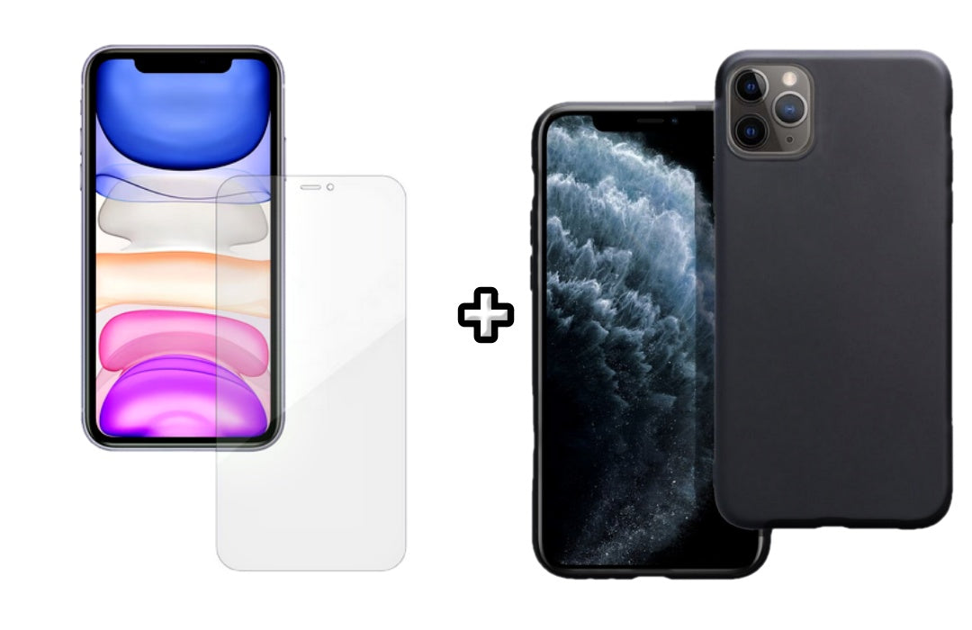 Set Husa Silicon + Folie din silicon Case Friendly compatibila cu Apple iPhone 11 Pro Max, neagra, protectie 360