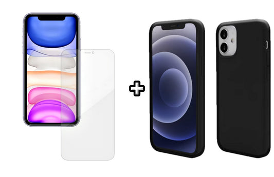 Set Husa Silicon + Folie din silicon Case Friendly compatibila cu Apple iPhone 12 Mini, neagra, protectie 360