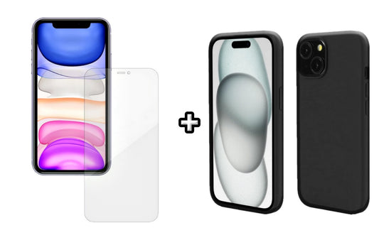 Set Husa Silicon + Folie din silicon Case Friendly compatibila cu Apple iPhone 15, neagra, protectie 360
