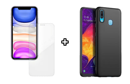 Set Husa Silicon plus Folie din silicon Case Friendly compatibila cu Samsung Galaxy A40, neagra, protectie 360