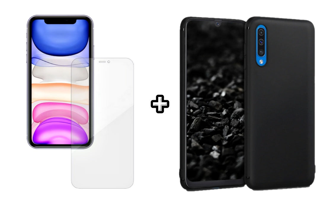 Set Husa Silicon plus Folie din silicon Case Friendly compatibila cu Samsung Galaxy A50, neagra, protectie 360