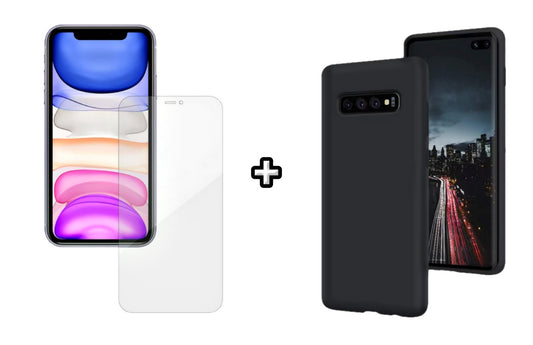 Set Husa Silicon plus Folie din silicon Case Friendly compatibila cu Samsung Galaxy S10 Plus, neagra, protectie 360