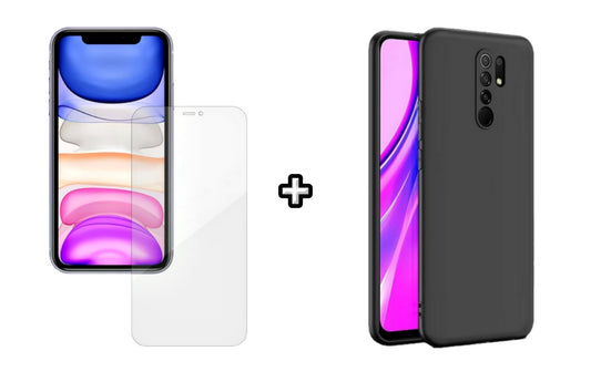 Set Husa Silicon plus Folie din silicon Case Friendly compatibila cu Xiaomi Redmi 9, neagra, protectie 360