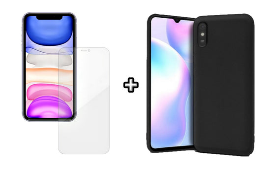 Set Husa Silicon plus Folie din silicon Case Friendly compatibila cu Xiaomi Redmi 9A, neagra, protectie 360