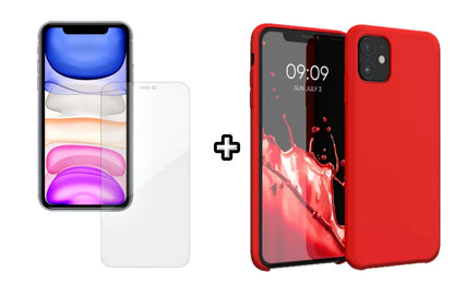 Set Husa Silicon + Folie din silicon Case Friendly compatibila cu Apple iPhone 11, rosie, protectie 360