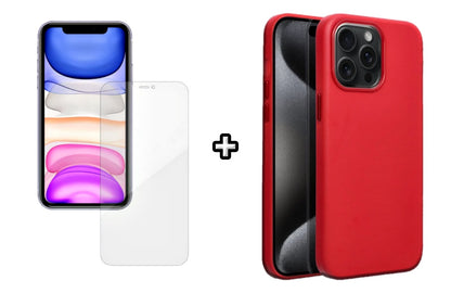 Set Husa Silicon + Folie din silicon Case Friendly compatibila cu Apple iPhone 15 Pro Max, rosie, protectie 360