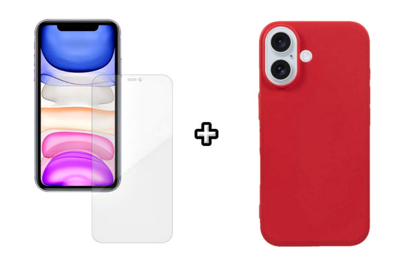 Set Husa Silicon plus Folie din silicon Case Friendly compatibila cu Apple iPhone 16, rosie, protectie 360