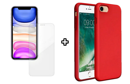 Set Husa Silicon + Folie din silicon Case Friendly compatibila cu Apple iPhone 7, rosie, protectie 360