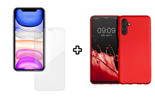 Set Husa Silicon plus Folie din silicon Case Friendly compatibila cu Samsung Galaxy A14, rosie, protectie 360