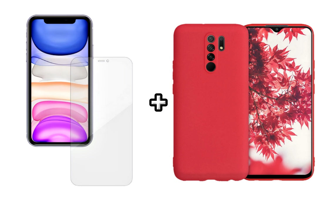 Set Husa Silicon plus Folie din silicon Case Friendly compatibila cu Xiaomi Redmi 9, rosie, protectie 360