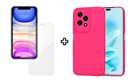 Set Husa Silicon plus Folie din silicon Case Friendly compatibila cu Honor 200 Lite, roz neon, protectie 360
