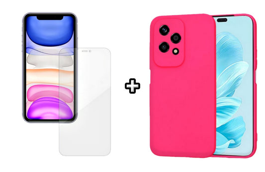 Set Husa Silicon plus Folie din silicon Case Friendly compatibila cu Honor 200 Lite, roz neon, protectie 360