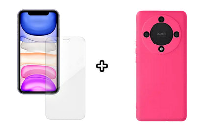 Set Husa Silicon plus Folie din silicon Case Friendly compatibila cu Honor Magic6 Lite, roz neon, protectie 360