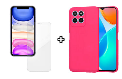 Set Husa Silicon plus Folie din silicon Case Friendly compatibila cu Honor X6a, roz neon, protectie 360