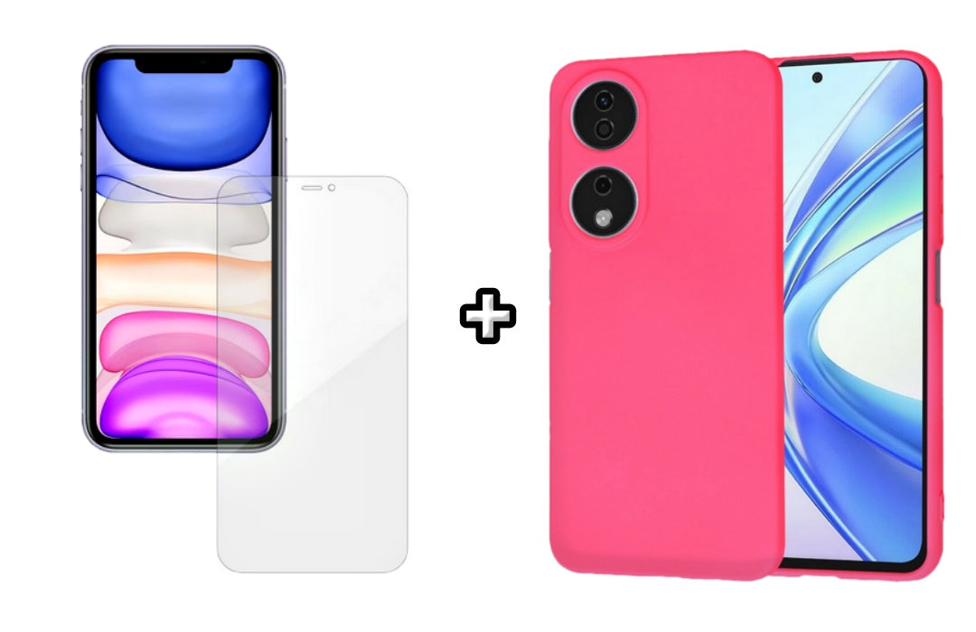 Set Husa Silicon plus Folie din silicon Case Friendly compatibila cu Honor X7b, roz neon, protectie 360