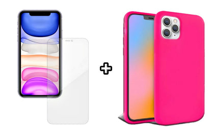 Set Husa Silicon + Folie din silicon Case Friendly compatibila cu Apple iPhone 11 Pro Max, roz neon, protectie 360