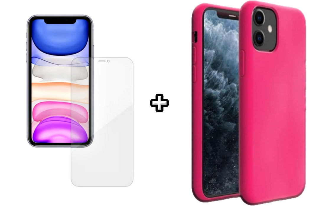Set Husa Silicon + Folie din silicon Case Friendly compatibila cu Apple iPhone 11, roz neon, protectie 360