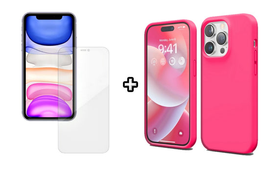 Set Husa Silicon + Folie din silicon Case Friendly compatibila cu Apple iPhone 14 Pro Max, roz neon, protectie 360