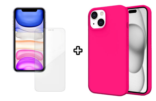 Set Husa Silicon + Folie din silicon Case Friendly compatibila cu Apple iPhone 14 Plus, roz neon, protectie 360