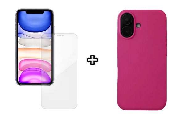 Set Husa Silicon plus Folie din silicon Case Friendly compatibila cu Apple iPhone 16, roz neon, protectie 360