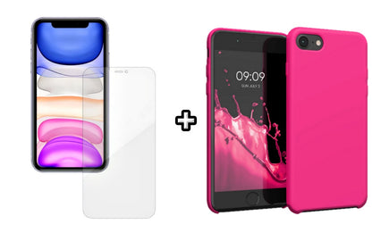 Set Husa Silicon + Folie din silicon Case Friendly compatibila cu Apple iPhone 7 Plus, roz neon, protectie 360
