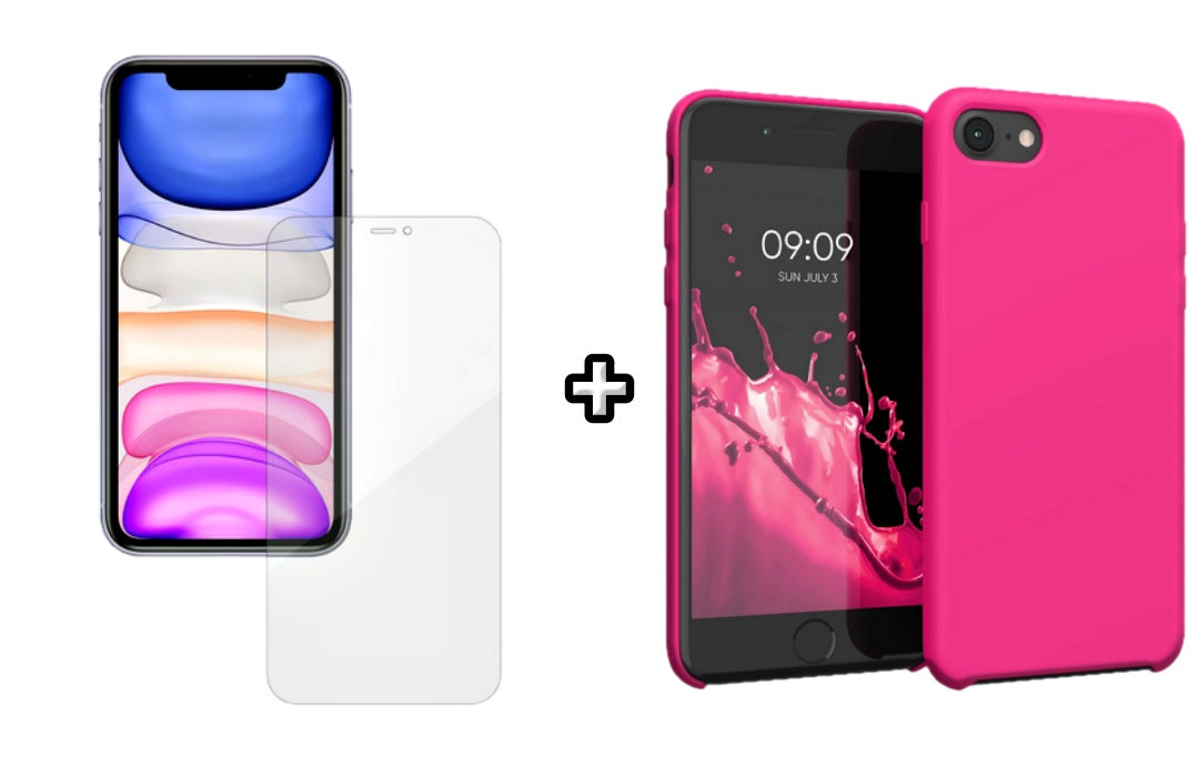 Set Husa Silicon + Folie din silicon Case Friendly compatibila cu Apple iPhone 7, roz neon, protectie 360
