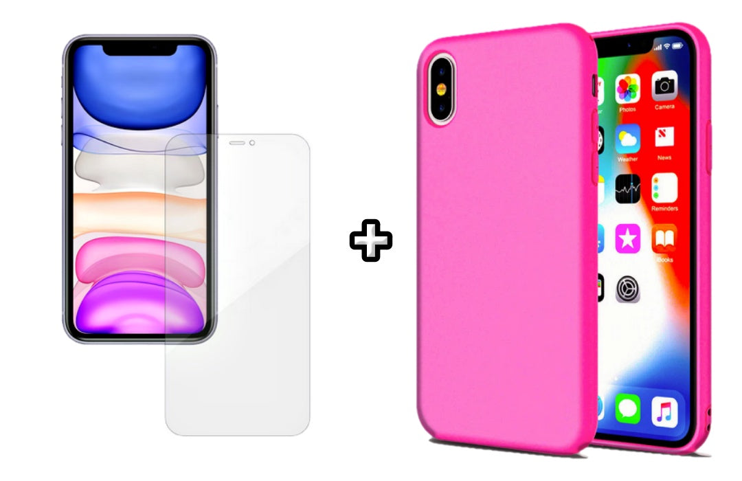 Set Husa Silicon + Folie din silicon Case Friendly compatibila cu Apple iPhone XR, roz neon, protectie 360
