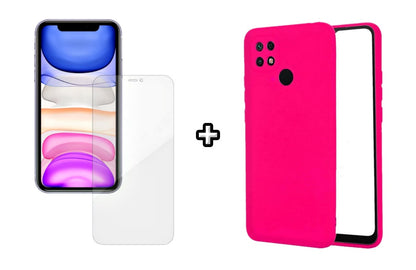 Set Husa Silicon plus Folie din silicon Case Friendly compatibila cu OPPO A15, roz neon, protectie 360