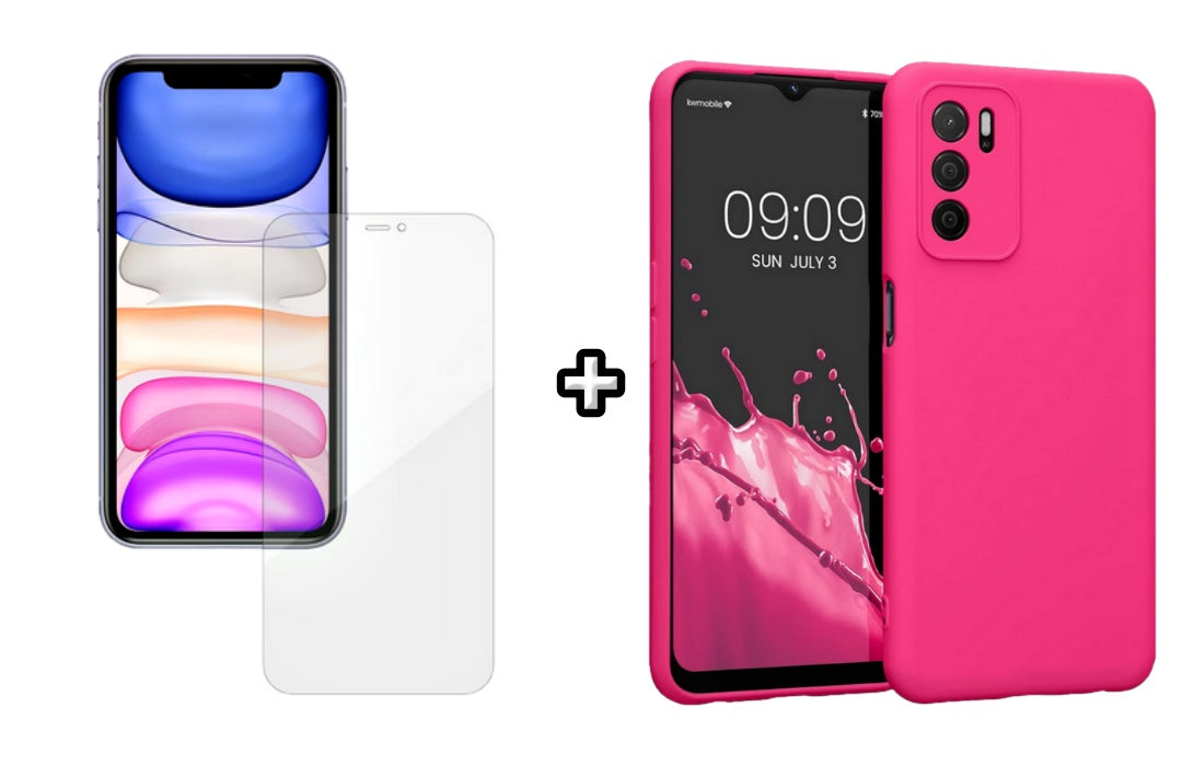 Set Husa Silicon plus Folie din silicon Case Friendly compatibila cu OPPO A16, roz neon, protectie 360
