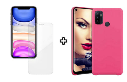 Set Husa Silicon plus Folie din silicon Case Friendly compatibila cu OPPO A33 4G, roz neon, protectie 360