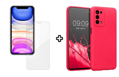 Set Husa Silicon plus Folie din silicon Case Friendly compatibila cu OPPO A52, roz neon, protectie 360