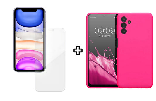 Set Husa Silicon plus Folie din silicon Case Friendly compatibila cu Samsung Galaxy A25, roz neon, protectie 360