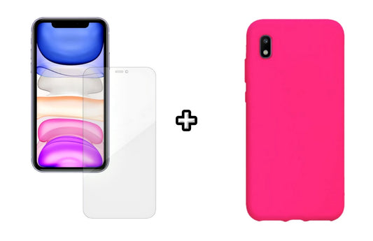 Set Husa Silicon plus Folie din silicon Case Friendly compatibila cu Samsung Galaxy A10, roz neon, protectie 360