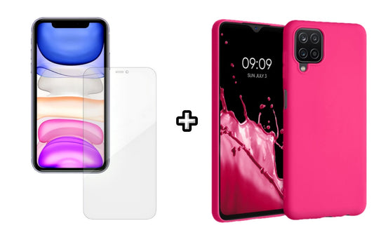 Set Husa Silicon plus Folie din silicon Case Friendly compatibila cu Samsung Galaxy A22 4G, roz neon, protectie 360