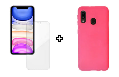 Set Husa Silicon plus Folie din silicon Case Friendly compatibila cu Samsung Galaxy A20E, roz neon, protectie 360