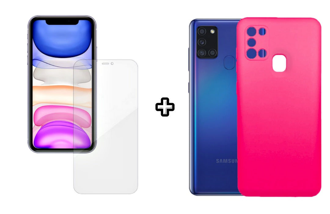 Set Husa Silicon plus Folie din silicon Case Friendly compatibila cu Samsung Galaxy A21s, roz neon, protectie 360