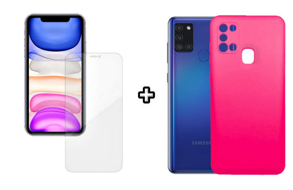 Set Husa Silicon plus Folie din silicon Case Friendly compatibila cu Samsung Galaxy A21s, roz neon, protectie 360