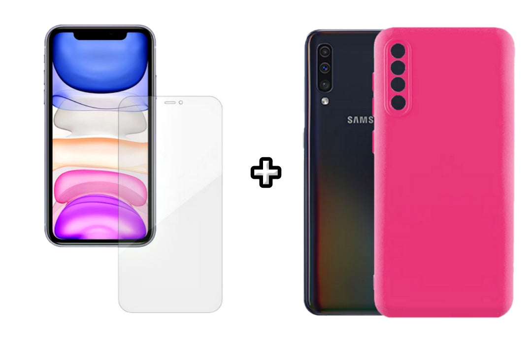 Set Husa Silicon plus Folie din silicon Case Friendly compatibila cu Samsung Galaxy A50, roz neon, protectie 360