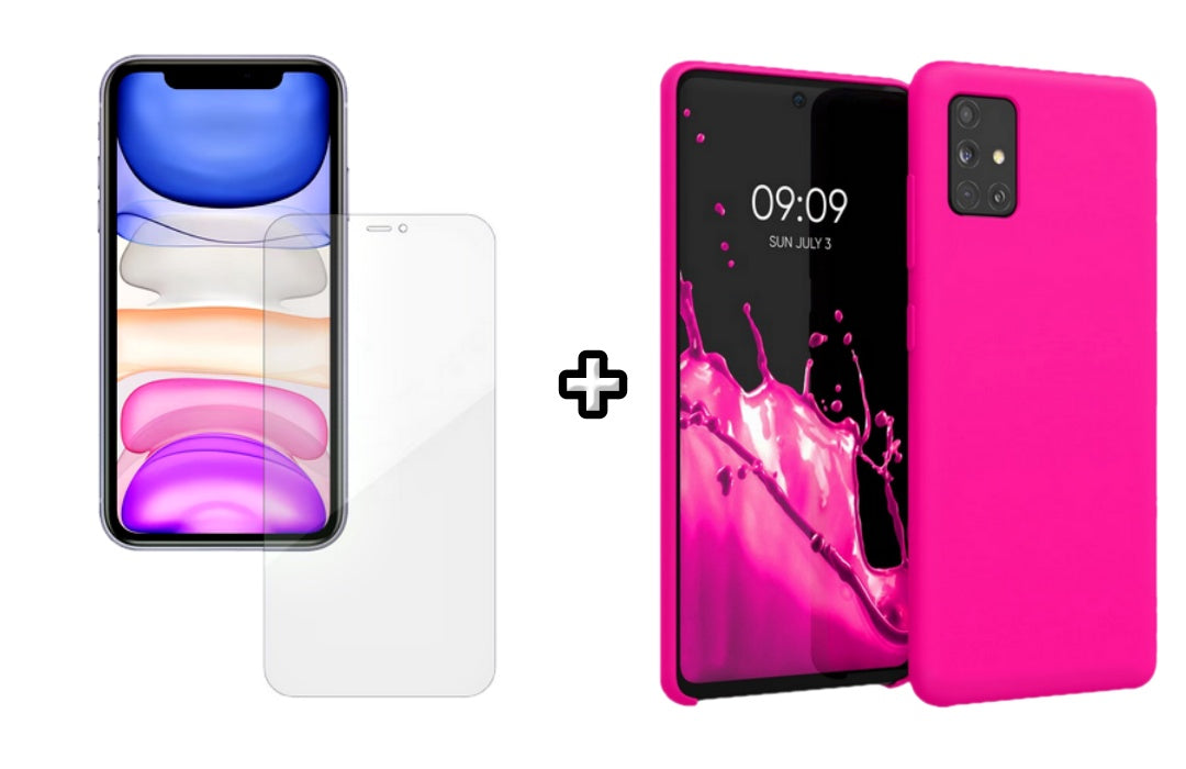 Set Husa Silicon plus Folie din silicon Case Friendly compatibila cu Samsung Galaxy A71 5G, roz neon, protectie 360