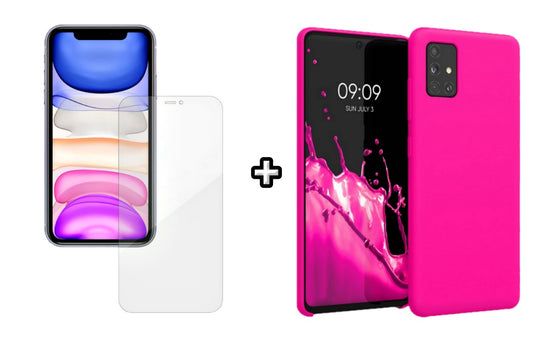 Set Husa Silicon plus Folie din silicon Case Friendly compatibila cu Samsung Galaxy A71 5G, roz neon, protectie 360