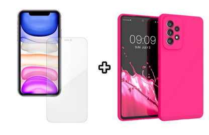 Set Husa Silicon plus Folie din silicon Case Friendly compatibila cu Samsung Galaxy A53, roz neon, protectie 360