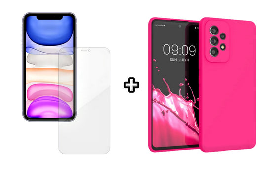 Set Husa Silicon plus Folie din silicon Case Friendly compatibila cu Samsung Galaxy A33 5G, roz neon, protectie 360